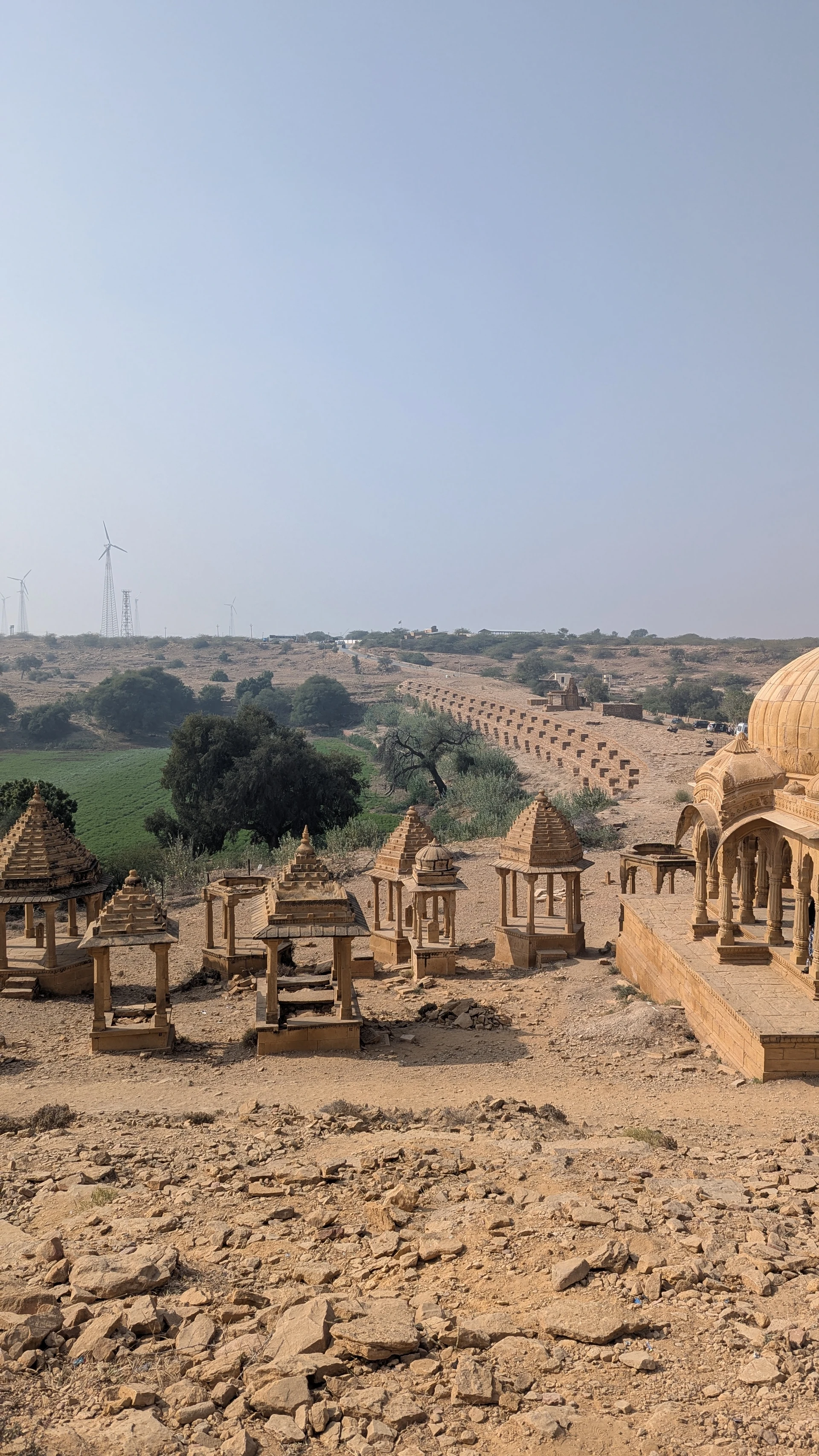 Royal sandstone cenotaphs (chhatris) at Bada Bagh near Jaisalmer against the desert sky