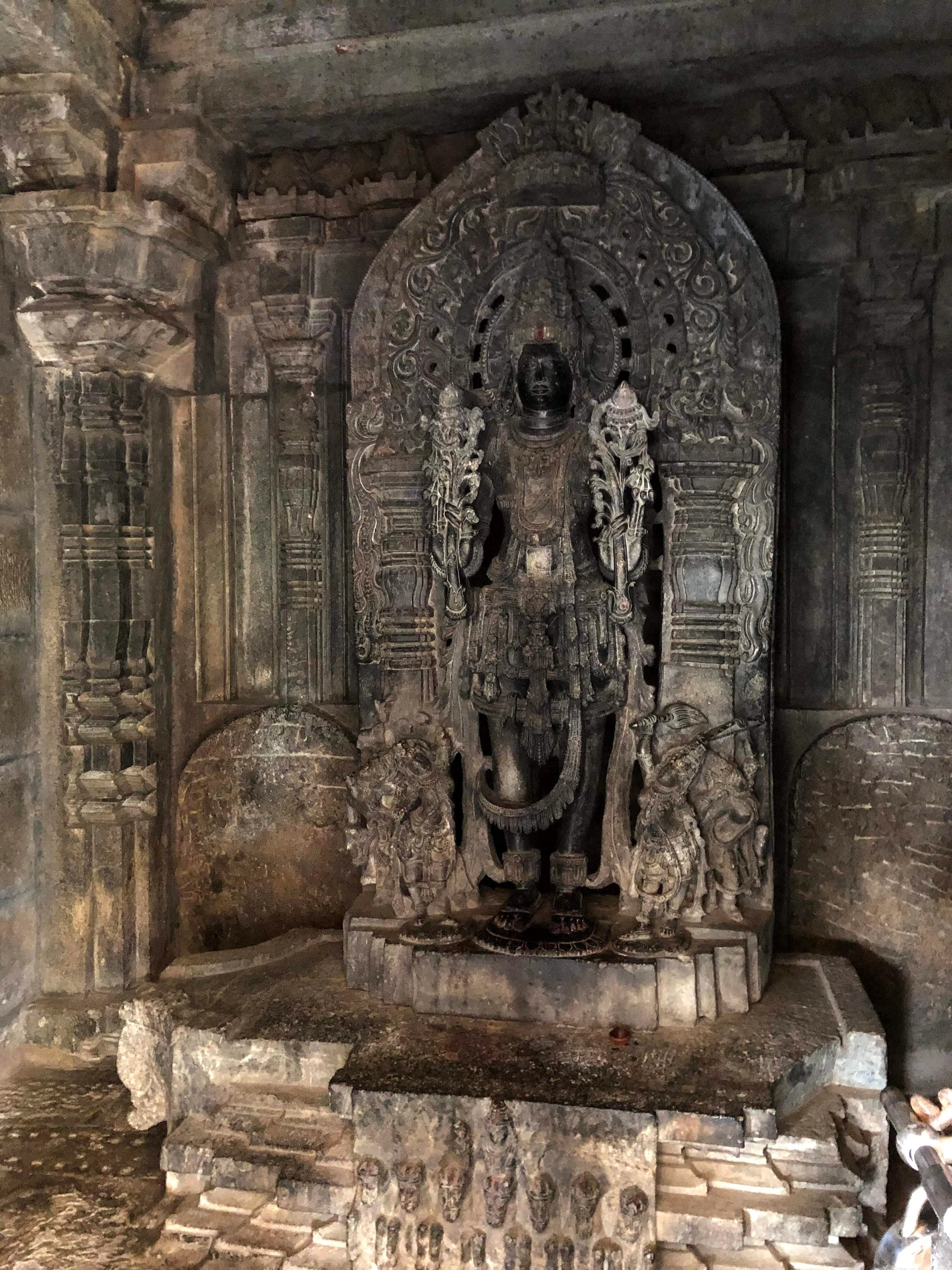 The Nandi bull at Hoysaleswara Temple — monolithic carving in the open mandapa