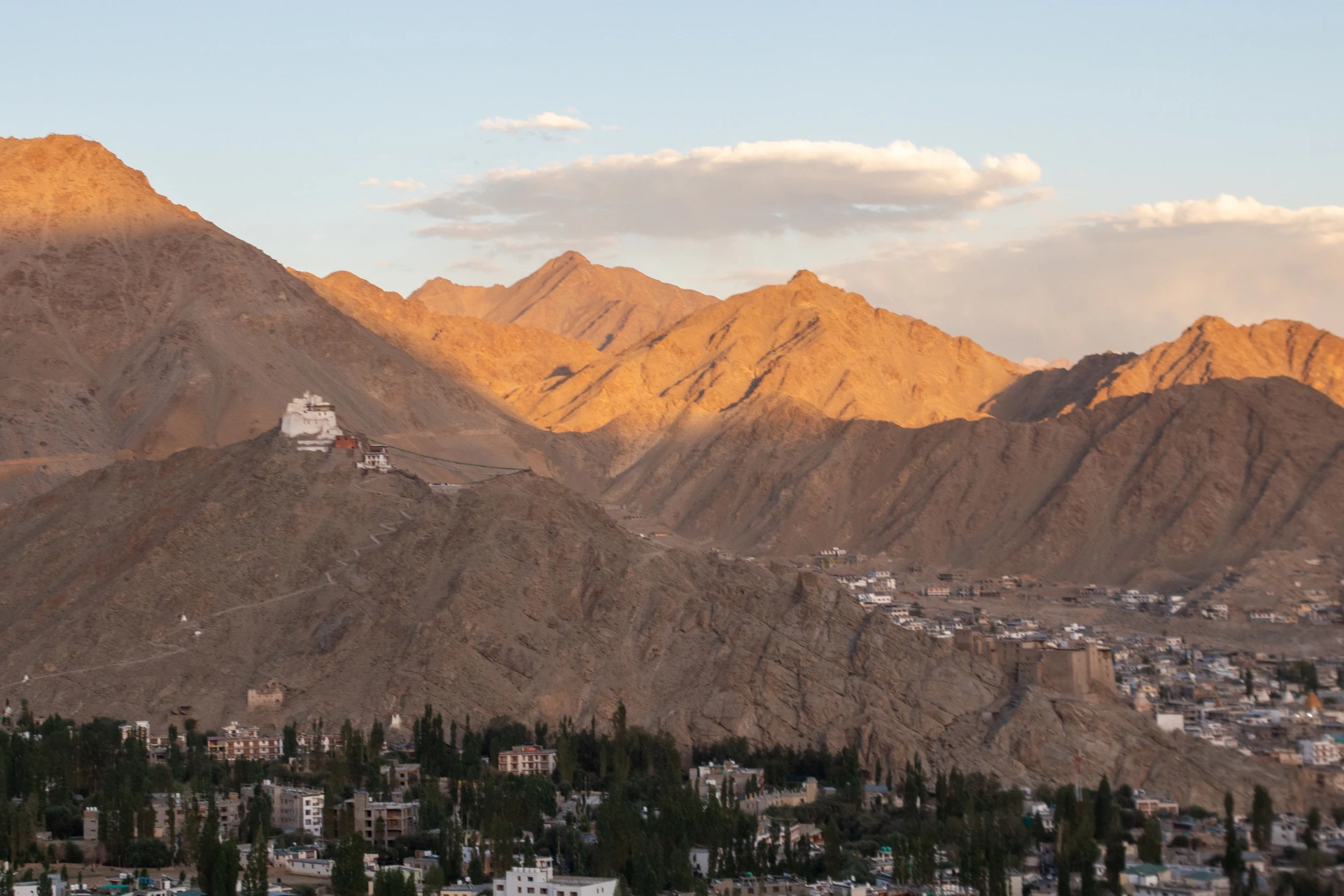 Leh city at golden hour with Shanti Stupa, Ladakh