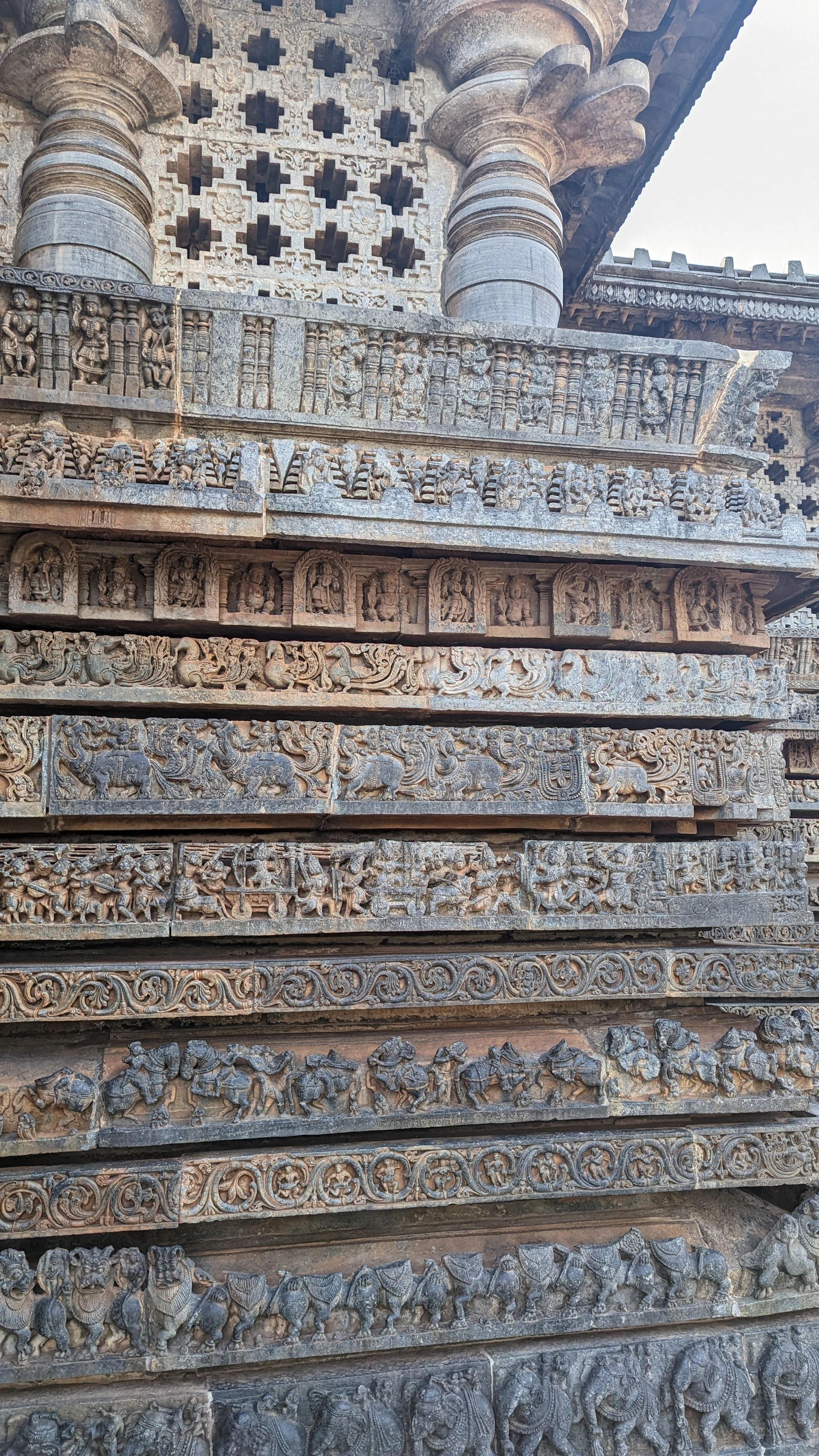 The adhisthana — layered friezes at the base of Hoysaleswara Temple showing elephants, horses and narrative panels