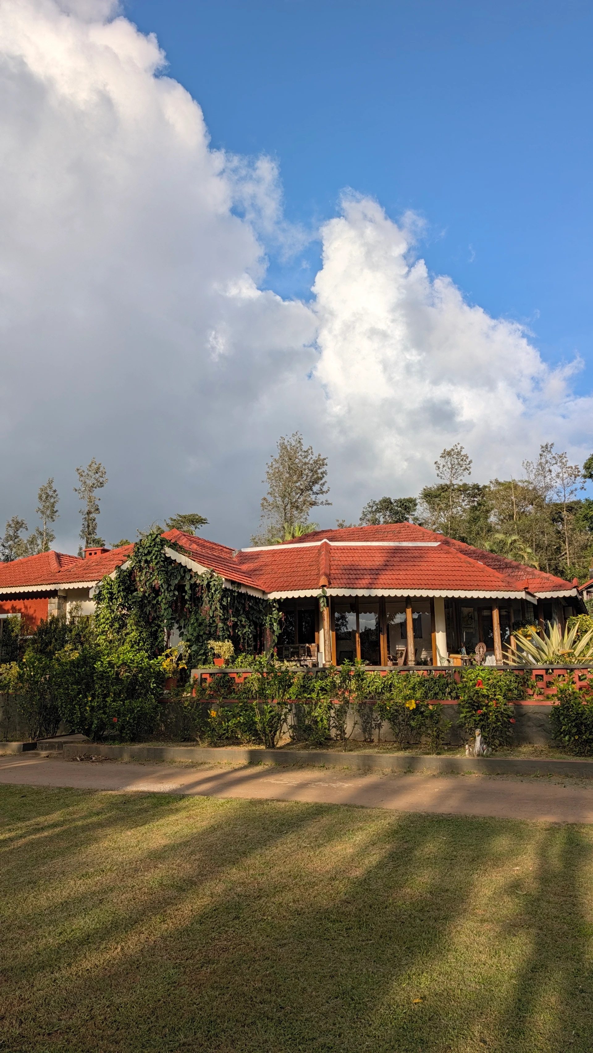Woodway Estate bungalow in Chikmagalur, framed by trees