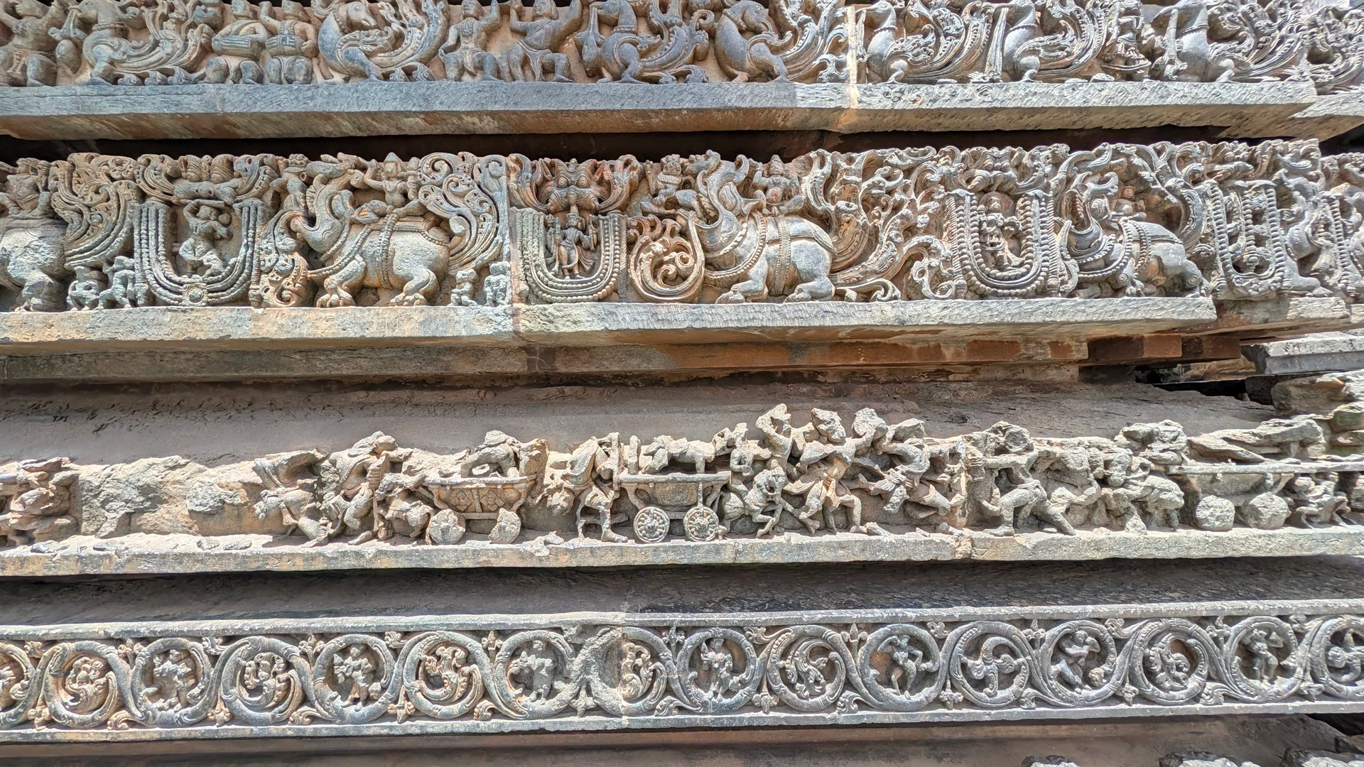Carved panels on the outer wall of Hoysaleswara Temple, Halebidu